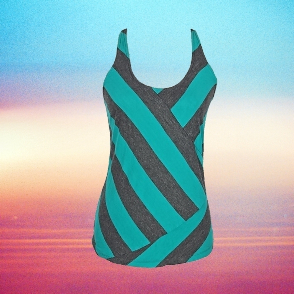 Soft Racerback Tank Top in Turquoise Green and Black Angled Stripes, M